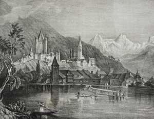 Vista de Thun, Cantón de Berna, Suiza, litografía de Salvatore Puglia del Poliorama Pittoresco, n 35, 9 de abril de Salvatore Puglia