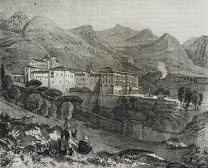 Vista del monasterio de San Martino delle Scale cerca de Palermo, Sicilia, Italia, litografía de Salvatore Puglia de Poliorama Pittoresco, n 47, 2 de julio.