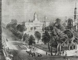Vista del parque y del Ayuntamiento de Nueva York, Estados Unidos de América, litografía de Salvatore Puglia de Poliorama Pittoresco, n 24, 22 de enero de Salvatore Puglia
