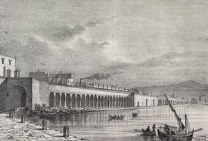 Vista del ferrocarril en Torre Annunziata, Campania, Italia, litografía de Gaetano Riccio de Poliorama Pittoresco, n 21, 31 de diciembre de Salvatore Puglia
