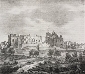 Vista oeste de Mesagne, Apulia, Italia, litografía de Salvatore Puglia de Poliorama Pittoresco, n 47, 29 de junio. de Salvatore Puglia