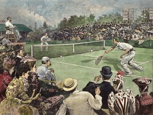 The Lawn Tennis Championship at Wimbledon 1891, Messrs W Baddeley and J Pim competing for the Finals (grabado en color)
