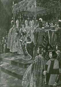 Presentación de las espuelas y la espada en la coronación de Enrique VI (litografía)