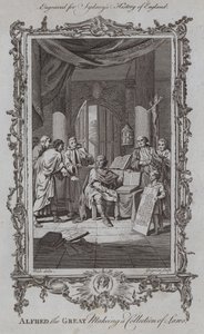 Alfredo el Grande haciendo una colección de leyes (grabado) de Samuel (after) Wale