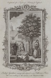 El obispo Gardiner viniendo con una guardia para arrestar a Catherine Parr, quien estaba caminando en el jardín con Enrique VIII (grabado) de Samuel (after) Wale