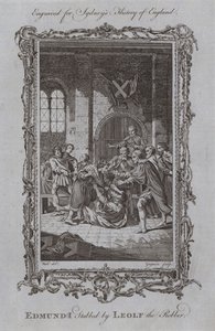 Edmundo I apuñalado por Leolf el ladrón (grabado) de Samuel (after) Wale