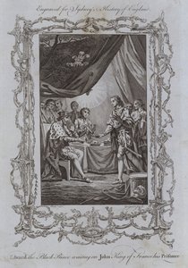 Eduardo el Príncipe Negro sirviendo al rey Juan de Francia, su prisionero (grabado)