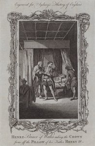 Enrique Príncipe de Gales tomando la corona de la almohada de su padre Enrique IV (grabado) de Samuel (after) Wale
