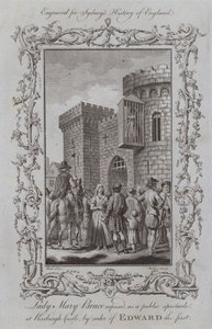 Lady Mary Bruce expuesta como espectáculo público en el castillo de Roxburgh, por orden de Eduardo I (grabado)