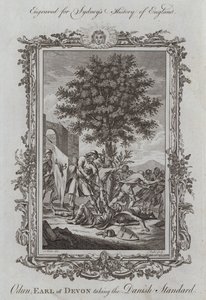 Odun, conde de Devon tomando el estandarte danés (grabado) de Samuel (after) Wale