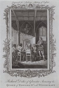Ricardo, duque de Gloucester acusando a la reina de Eduardo IV de brujería (grabado) de Samuel (after) Wale