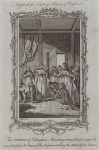La abadesa del monasterio de Coldingham cortándose la nariz y el labio superior como ejemplo para sus monjas, para evitar ser violadas por los daneses (grabado)
