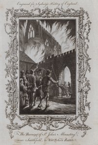 El incendio del monasterio de San Juan, cerca de Smithfield, por la turba de Wat Tyler (grabado) de Samuel (after) Wale