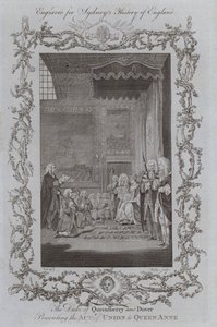 El duque de Queensberry y Dover presentando el Acta de Unión a la reina Ana (grabado) de Samuel (after) Wale