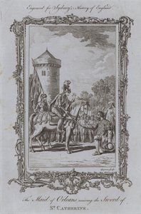 La Doncella de Orleans recibiendo la espada de Santa Catalina (grabado)