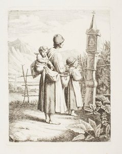 Mendiga con dos niños ante una imagen de la Virgen de camino al Tirol