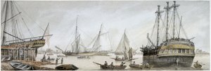 Un barco indio preparado para reparaciones en el Támesis, con una descripción de las actividades ordinarias de los astilleros reales de Deptford. de Samuel Atkins