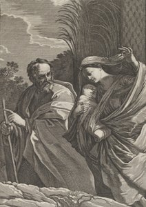 La huida a Egipto, la Virgen llevando al niño Cristo, José señalando de Samuel Bernard