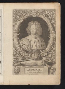 Portret de Karel XII de Zweden Rey Carlos XII de los godos y vándalos (título sobre el objeto) Suecia antigua y moderna (título de la serie) de Samuel Blesendorf