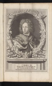 Portret de Karel XI de Zweden Carlos XI, rey de los godos y vándalos (título sobre el objeto) Suecia antigua y moderna (título de la serie) de Samuel Blesendorf