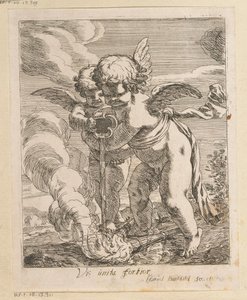 Dos putti antorchas de extinción Vis unita fortior (título sobre objeto) Varios diseños (título de la serie) Opera Varia Historica, Poetica & Iconologica (título de la serie) de Samuel Bottschild