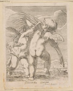 Dos amorcillos discutiendo sobre una rama de palma Discordia Concors (título sobre objeto) Varios diseños (título de la serie) Opera Varia Historica, Poetica & Iconologica (título de la serie) de Samuel Bottschild