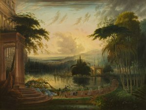 Un paisaje romántico con la llegada de la Reina de Saba de Samuel Colman