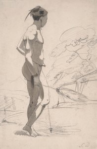 Hombre tswana con un abanico de plumas de avestruz en un paisaje de Samuel Daniell