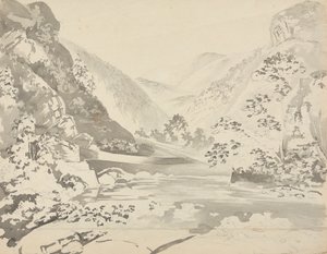 Una escena fluvial con montañas al fondo