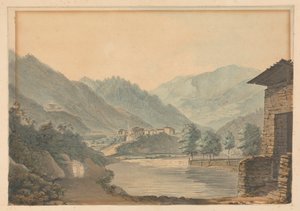 Escena montañosa con edificios y río de Samuel Davis