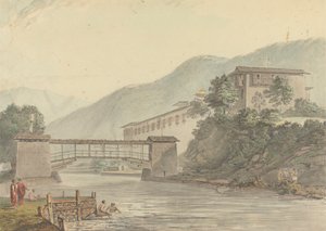 Vista de Tashichoedzong, Bután y Puente peatonal de Samuel Davis