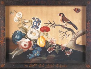 Jilguero, con mariposa de campo naranja