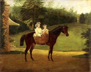 Retrato de dos niñas en una cesta sobre un pony