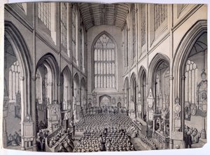 Vista, desde el extremo este, del interior de la abadía de Bath, con la congregación de Samuel Hieronymous Grimm