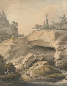 Paisaje rocoso con campesinos y ganado