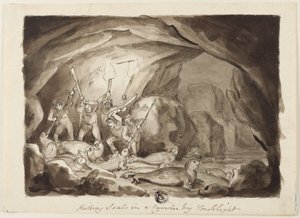 Matando focas en una caverna a la luz de las antorchas (anverso); boceto de cazadores y tabla (reverso)