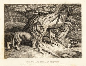 Un burro rebuzna ruidosamente ante una presa mientras caza con un león. 1811 (grabado)