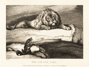 Un zorro acercándose tontamente a un león macho en su guarida. 1811 (grabado) de Samuel Howitt