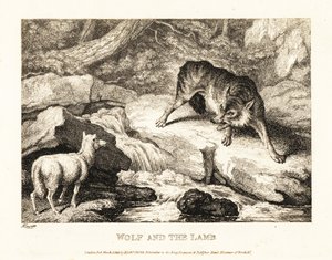 Un lobo intenta justificar la muerte de un cordero cerca de un río. 1811 (grabado) de Samuel Howitt