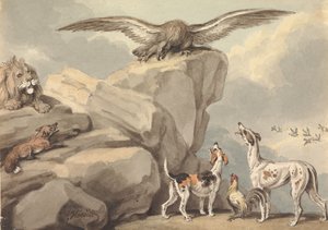 Un águila posada sobre una roca; un león, un zorro, dos sabuesos y un gallo (posiblemente para «Las fábulas de Esopo»)