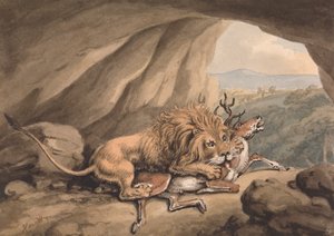 Un león ataca a un ciervo de Samuel Howitt