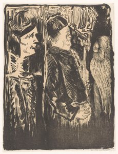 Fantasía: a la izquierda, dos figuras con capirotes a la derecha; a la derecha, una aparición incisa con plumaje de Samuel Jessurun de Mesquita (signed by artist)