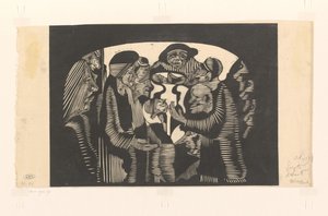 Grupo de figuras en un arco
Representación visionaria: grupo de figuras encerradas en forma de arco, en el centro superior un hombre frontal con sombrero de Samuel Jessurun de Mesquita (signed by artist)