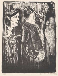 Fantasía: a la izquierda, dos figuras con capirotes a la derecha; a la derecha, una aparición incisa con plumaje de Samuel Jessurun de Mesquita