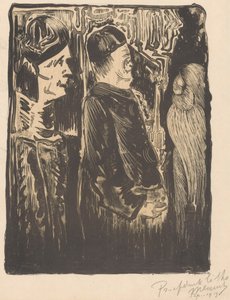 Fantasía: a la izquierda, dos figuras con capirotes a la derecha; a la derecha, una aparición incisa con plumaje de Samuel Jessurun de Mesquita