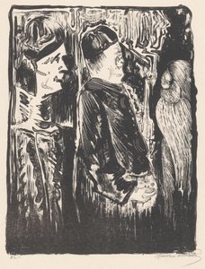Fantasía: a la izquierda, dos figuras con capirotes a la derecha; a la derecha, una aparición incisa con plumaje de Samuel Jessurun de Mesquita