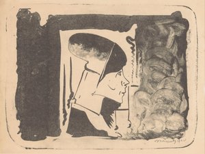 Fantasía: cabeza de perfil a la derecha en un rectángulo blanco rodeado de negro (la parte inferior derecha está lavada en negro) de Samuel Jessurun de Mesquita