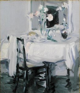 Un interior con rosas en un jarrón sobre una mesa de Samuel John Peploe