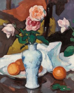 Rosas en un jarrón con naranjas y un mantel blanco de Samuel John Peploe