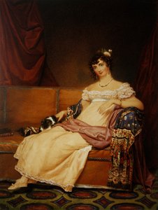 Lady Waterhouse sentada en un sofá con su spaniel
